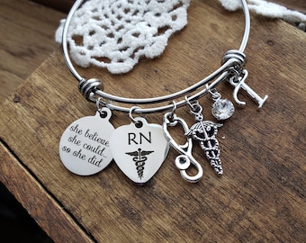 Gift for nurse, RN nurse graduation gift, she believed she could so she did charm bracelet, registered nurse gift for graduation