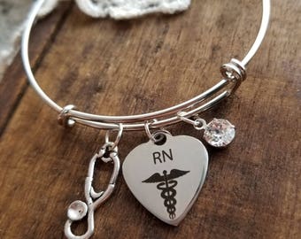 RN bangle bracelet, graduation gift for nurse, nurse bracelet, bangle bracelet, RN gift, bracelet for RN, registered nurse graduation  gift