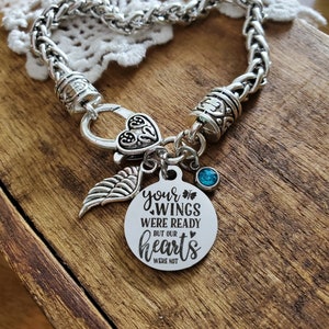 Gioielli commemorativi personalizzati, bracciale commemorativo personalizzato, le tue ali erano pronte ma i nostri cuori no, mamma, papà, figlio, perdita di bambino