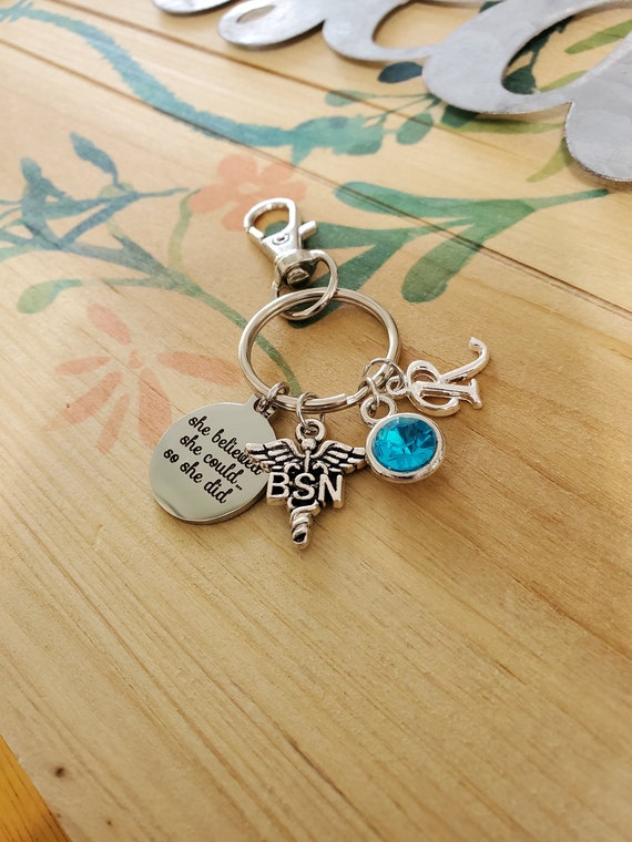 BSN graduation Gift for Nurse personalized keychain, bsn keychain,  birthstone keychain, she believed she could so she did keychain