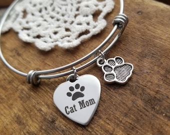 Cat mom gift, cat lover gift, gift for cat mom, gift for cat lover, cat mom jewelry, cat mom charm bracelet, bangle bracelet, crazy cat lady