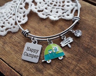 Happy camper charm bracelet camping gift,  gift for scout mom charm bracelet, charm bracelet , camper bangle bracelet, vacation jewelry