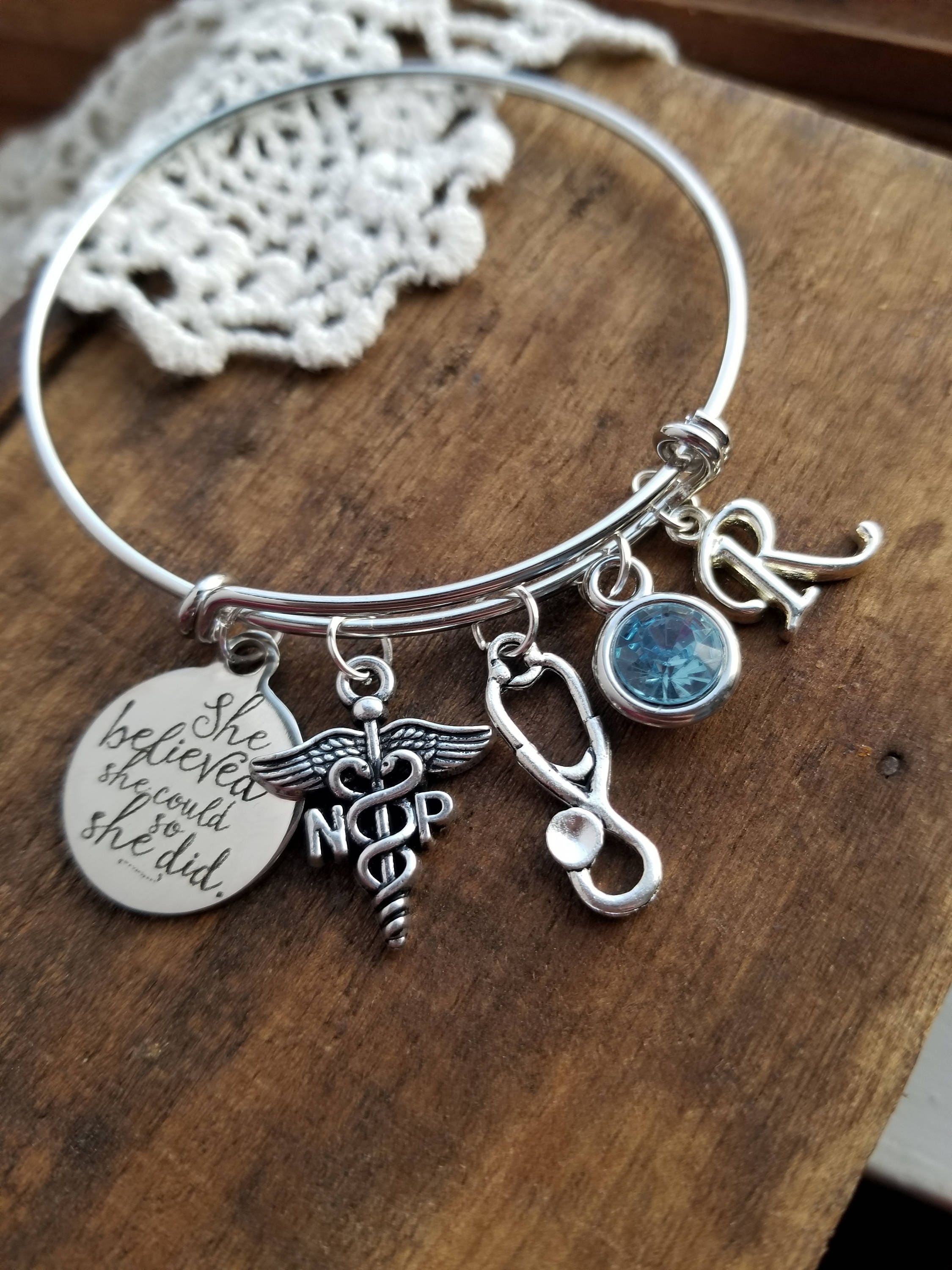 nurse practitioner graduation bracelet, gift for NP, she believed she…