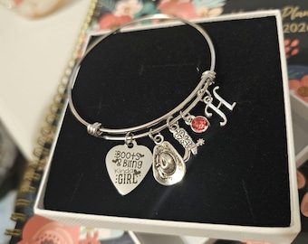 Rodeo charm bracelet,  gift for country girl, gift for cowgirl, horse lover jewelry, cowgirl charm bracelet, silver personalized bangle