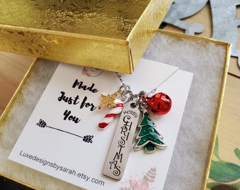 Christmas necklace, merry Christmas necklace, Christmas tree necklace,  Christmas jewelry, holiday jewelry, candy cane necklace, jingle bell