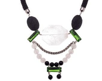 Boho Necklace with Quartz, Black Lava beads & Green Rhinestones