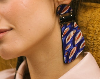 Blue hearts: Statement Large Long Earrings - Handcrafted print, Crystal accents; ONE LEV COLLECTION