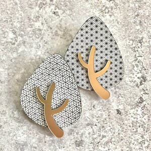 2 two Very Tree Brooches, Set of Brooches Geometric print with Gold tree trunk image 2