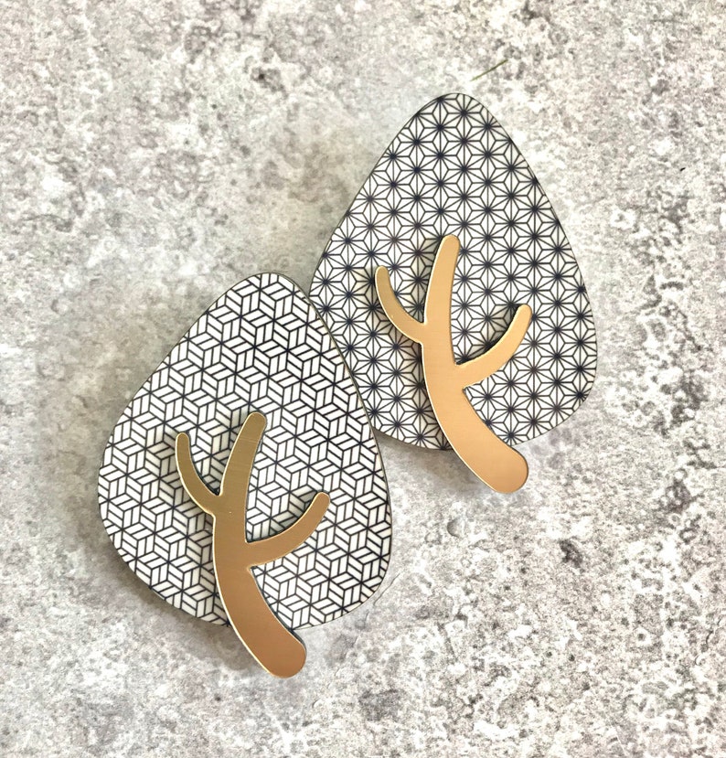 2 two Very Tree Brooches, Set of Brooches Geometric print with Gold tree trunk image 2