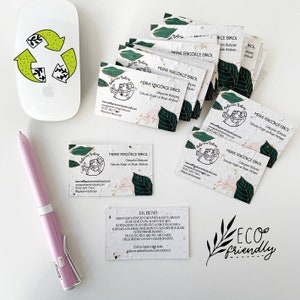 Tarjetas de presentación plantables (paquete de 100) - Impresas a todo color, a doble cara, personalizables, papel biodegradable con semillas.