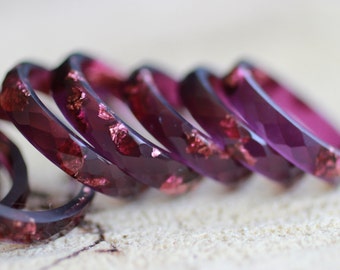 Ruby Red Resin Ring, faceted stacking band ring with copper flakes, handmade resin jewelry gift women