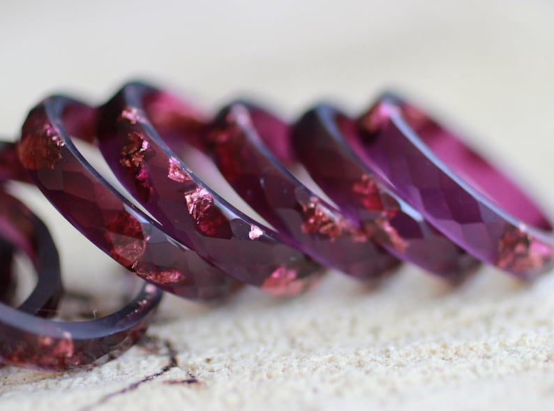 Ruby Red Resin ring, Purple ring, faceted stacking band ring with Copper flakes, handmade resin jewelry gift image 7