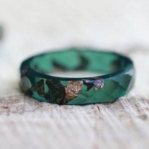 Resin ring Dark Green with Copper flakes, stacking band ring, handmade resin jewelry, gift for men and women
