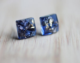 Resin stud earrings Deep Blue with Gold leaf, faceted hypoallergenic studs, resin jewelry for gift