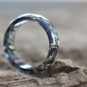 Gray Resin Ring with Gold flakes, faceted stacking band ring, handmade resin jewelry gift for men and women
