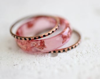 Pink Resin Stacking Ring set "Rose" with pattern copper bands, handmade resin jewelry gift set for women