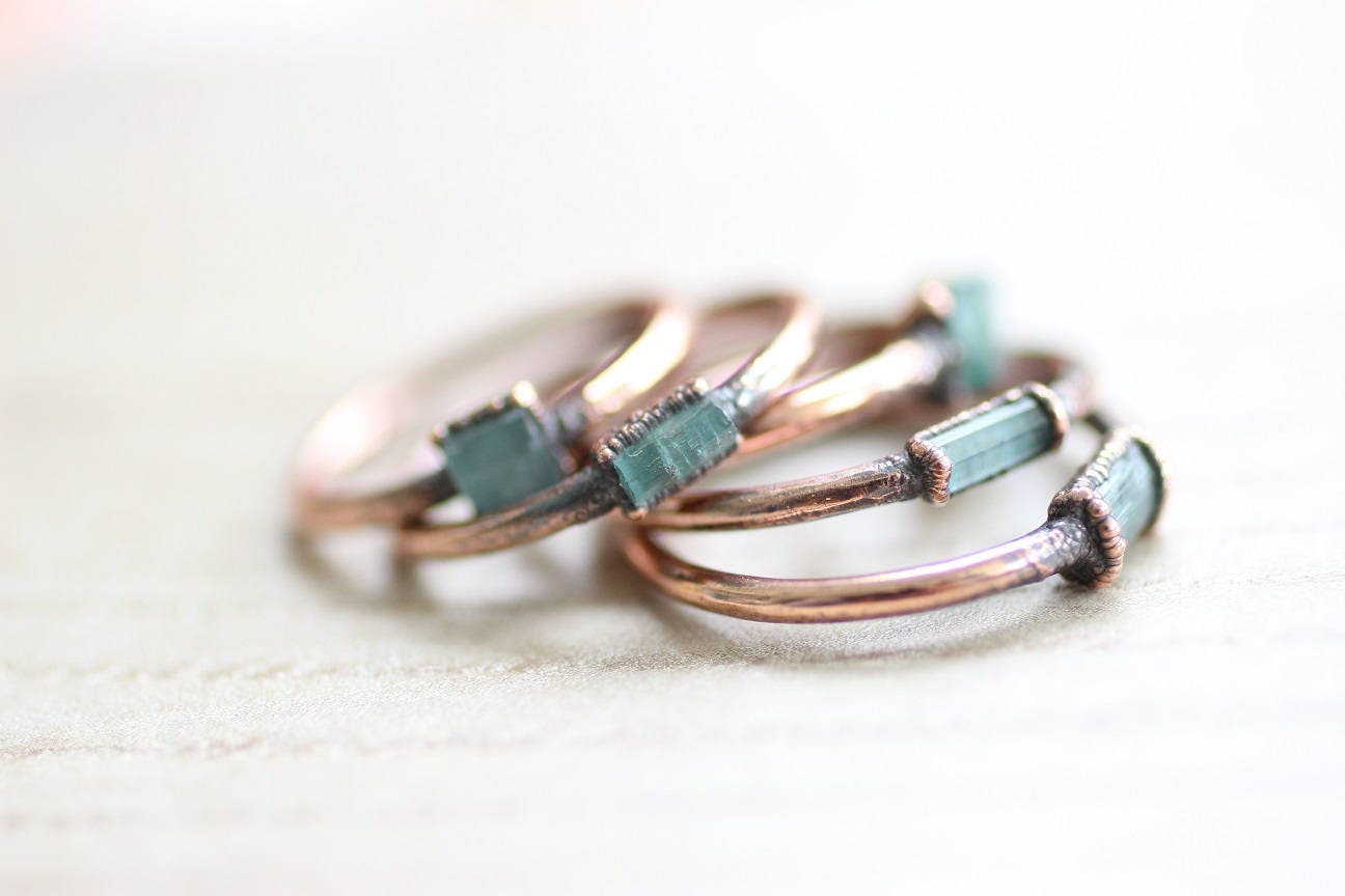 Raw Blue Tourmaline ring copper electroformed organic October birthst…