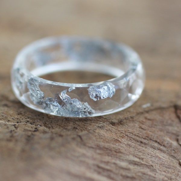 Clear Resin ring, Ice ring, band ring with Silver flakes, handmade resin jewelry, nature inspired birthday gift for women