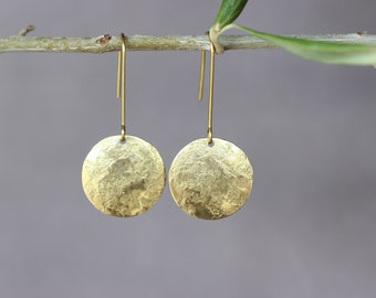 Hammered Brass earrings, Sun Moon Gold earrings with hooks, Round geometric earrings, lightweight brass jewelry for women, Christmas gift
