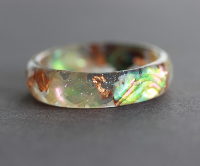 Abalone Shell Ring, Resin Ring with Abalone Shell, copper flakes and stardust, organic ring, nature inspired jewelry for women image 1