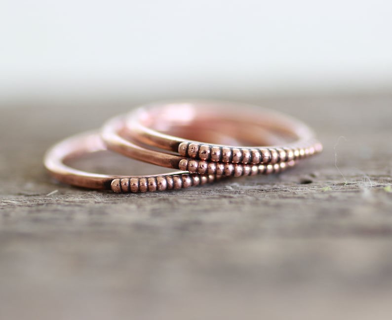 Beaded Copper ring, Thin stacking band ring with balls for women, 7th anniversary gift, sustainable jewelry image 1