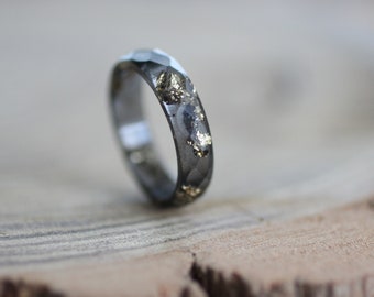 Resin ring Black ring with Gold flakes, faceted stacking band, handmade resin jewelry gift for men and women