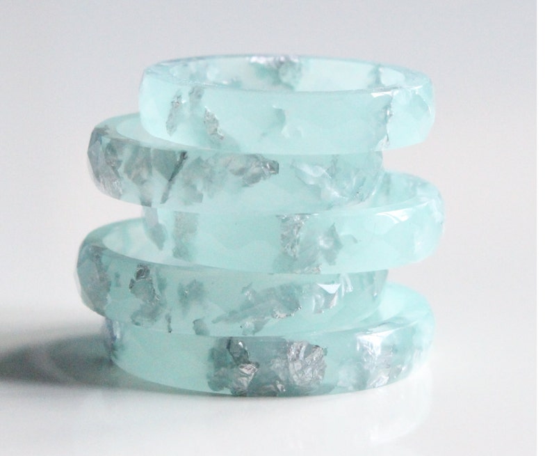 Sea Foam resin faceted ring with silver flakes hypoallergenic Etsy