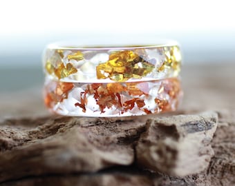 Gold & Copper Resin stacking ring set, Yellow and Orange nature inspired matching band rings for couple gift