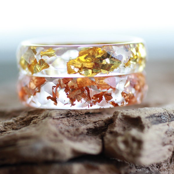 Gold & Copper Resin stacking ring set, Yellow and Orange nature inspired matching band rings for couple gift