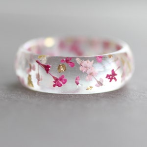 Pink Flower Resin Ring, Real Flower ring, Smooth Ring With Dried Flowers, nature inspired jewelry for woman&#39;s gift