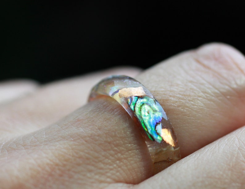 Abalone Shell Ring, Resin Ring with Abalone Shell, copper flakes and stardust, organic ring, nature inspired jewelry for women image 5