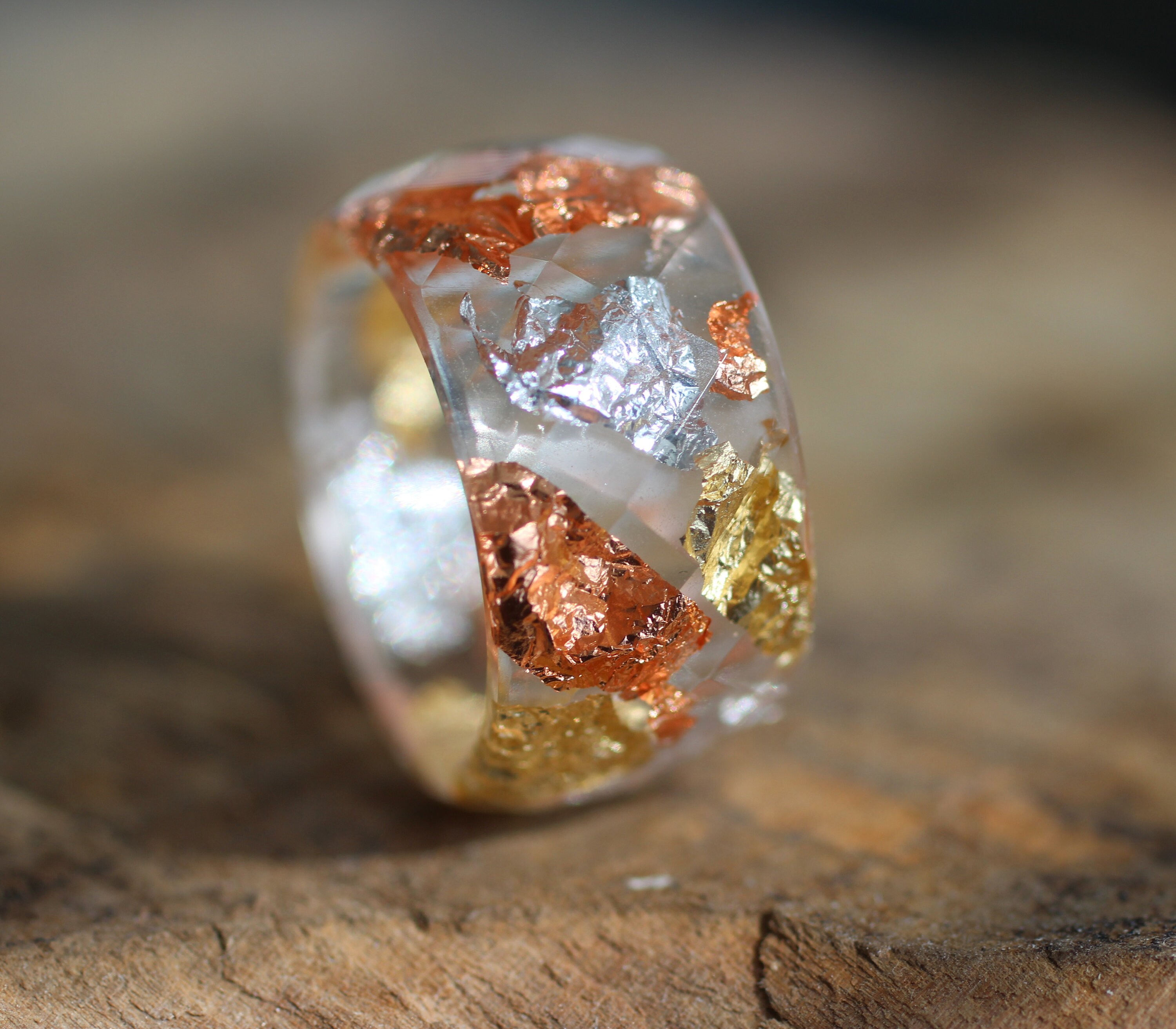色カットガラス飾リング各種 Wide Resin Ring, Clear Band Ring With Gold, Silver, Copper
