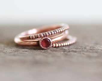 Copper ring set with Red Garnet & beaded thin band rings, electroformed copper jewelry, sustainable gift for women