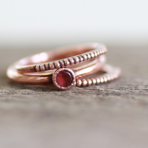 Copper ring set with Red Garnet & beaded thin band rings, electroformed copper jewelry, sustainable gift for women