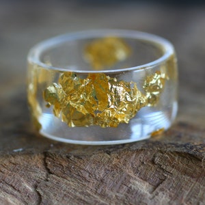 Resin Ring for women, Clear wide band ring with gold flakes, handmade resin jewelry gift, chunky cocktail band