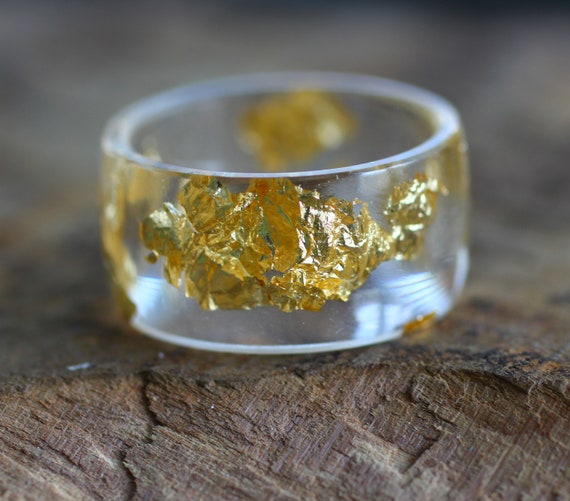Resin Ring for Women, Clear Wide Band Ring with Gold Flakes, Handmade Resin Jewelry Gift, Chunky Cocktail Band
