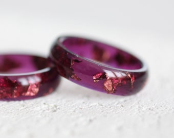 Purple Resin Ring with Rose Gold Leaf, Couples ring, resin wedding band, resin jewelry gift for men and women