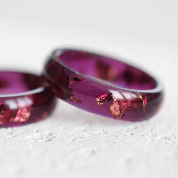 Purple Resin Ring with Rose Gold Leaf, Couples ring, resin wedding band, resin jewelry gift for men and women