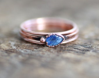 Copper ring set, Natural Blue Sapphire Leaf ring & thin copper bands, jewelry sustainable gift for women