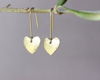 Hammered Brass earrings, Heart earrings, small gold earrings with hooks, lightweight brass jewelry for women, Christmas gift