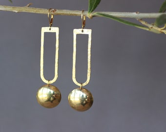 Hammered Brass earrings, long gold earrings with ball, geometric lever back earrings, brass jewelry for women, Christmas gift