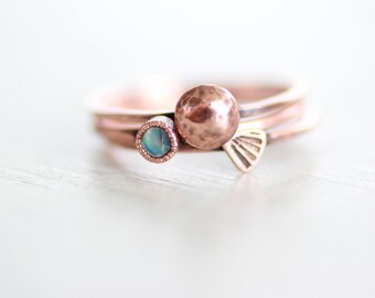 Copper ring set with Abalone Shell and Sun, stacking ring set, nature inspired 7th anniversary sustainable gift