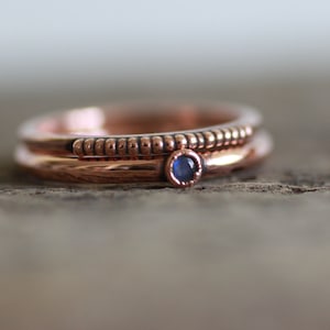 Copper ring set with Natural Moonstone & beaded band, stacking ring set, 7th anniversary sustainable gift