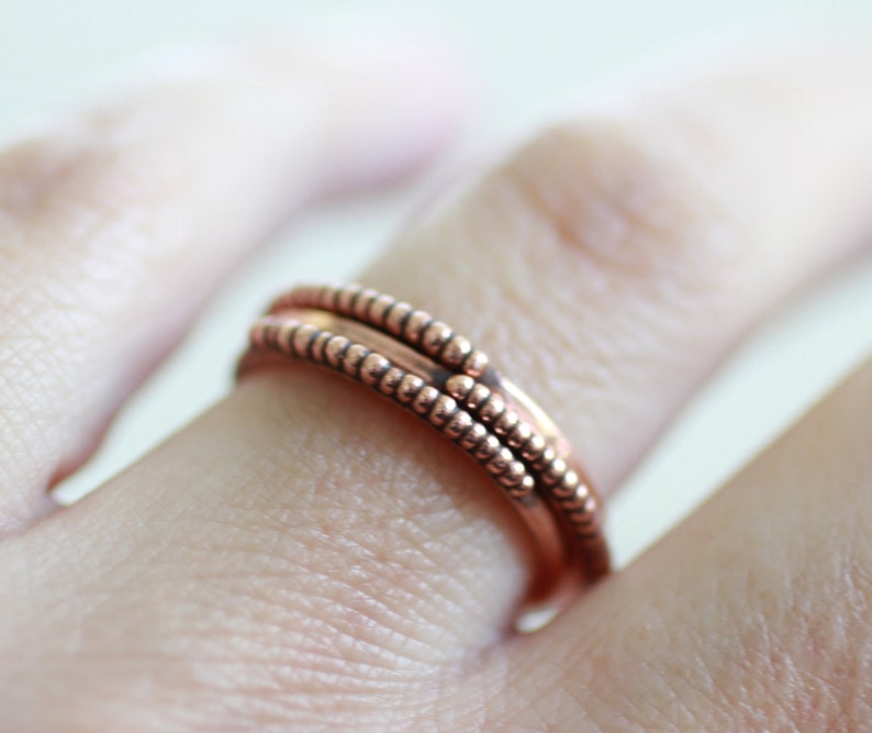 Beaded Copper ring, Thin stacking band ring with balls for women, 7th anniversary gift, sustainable jewelry image 2