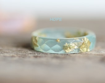 Turquoise Blue Resin Ring with gold flakes, faceted beach band ring for men and women, resin jewelry gift