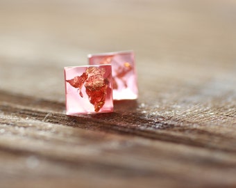 Resin stud earrings Red with Copper flakes, square lightweight studs, resin jewelry for women's gift