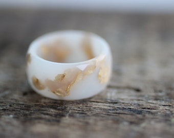 White Resin Ring, Wide band ring in Ivory color with Gold flakes, chunky cocktail band, resin jewelry gift