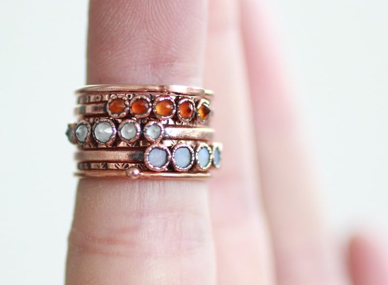 Citrine Copper Ring Three Ring Set Stacking Set Electroformed Five Stone Ring Multi Stone Citrine Ring Pattern Band