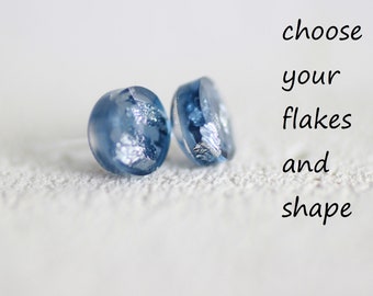Resin stud earrings London Blue with Gold/Silver/Copper flakes, faceted studs for women's gift