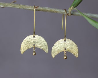 Hammered Brass earrings, Half Moon earrings, Gold earrings with hooks, lightweight brass jewelry for women, Christmas gift